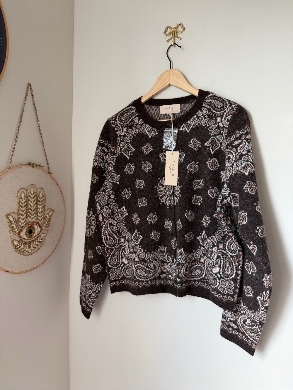 Brown and White Paisley cardigan Sweater